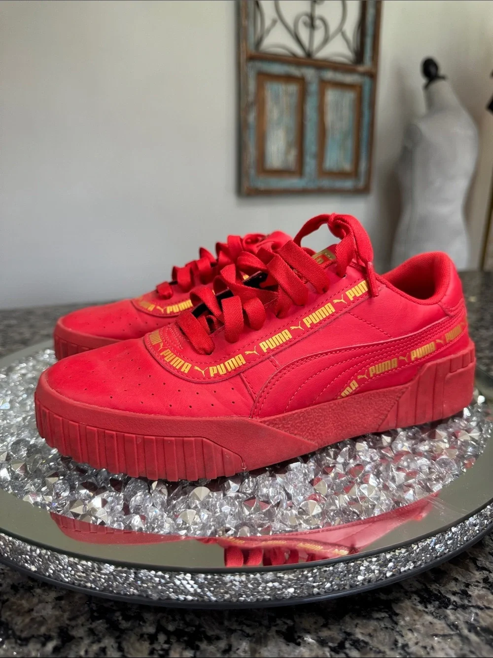 Puma Red Platform Sneakers with Yellow Logo Stripe 7C